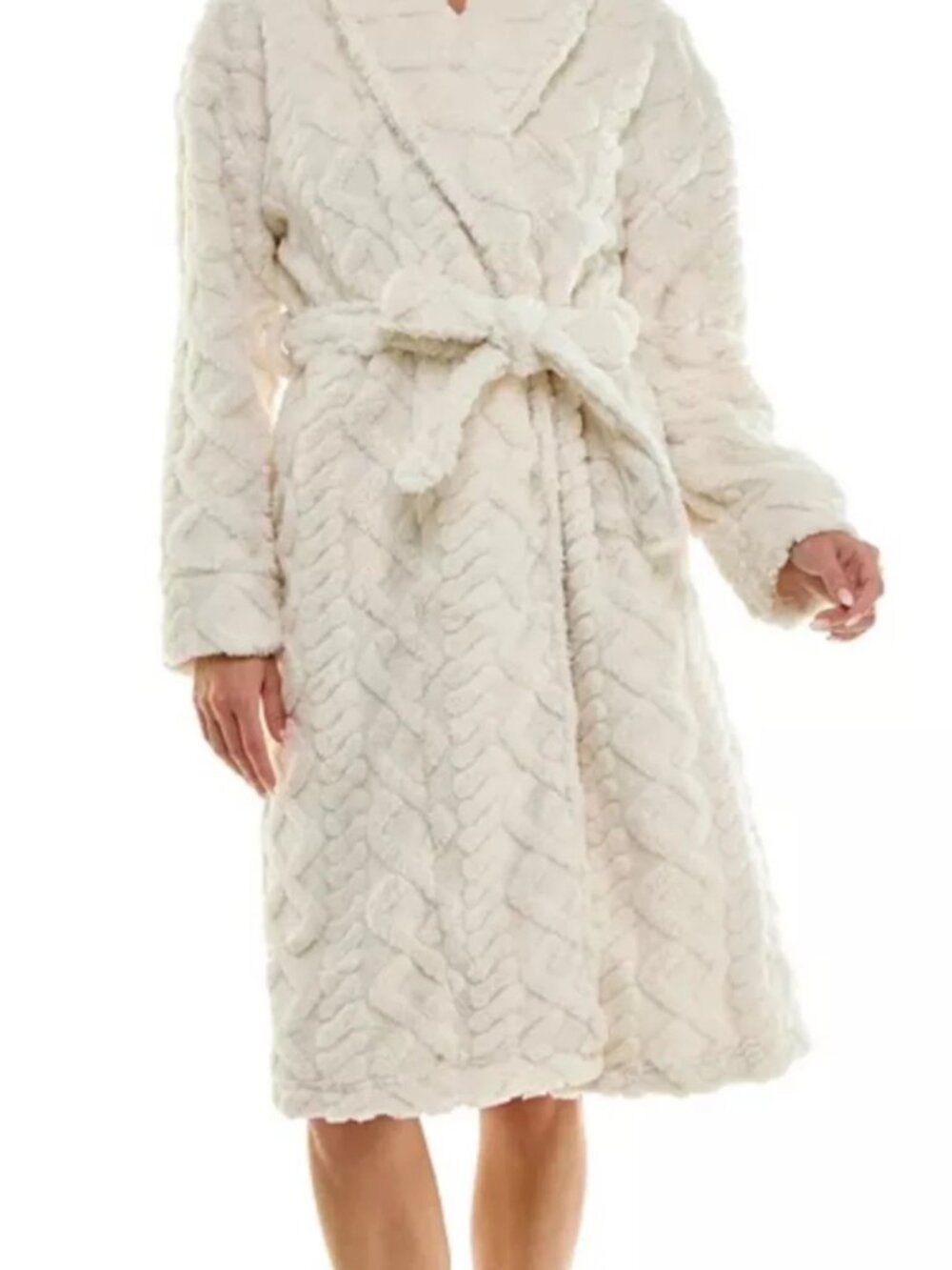 #1821 Roudelain Wrap Bathrobe Fleece Cable Knit Shawl Collar Belt Waist - Picture 3 of 8